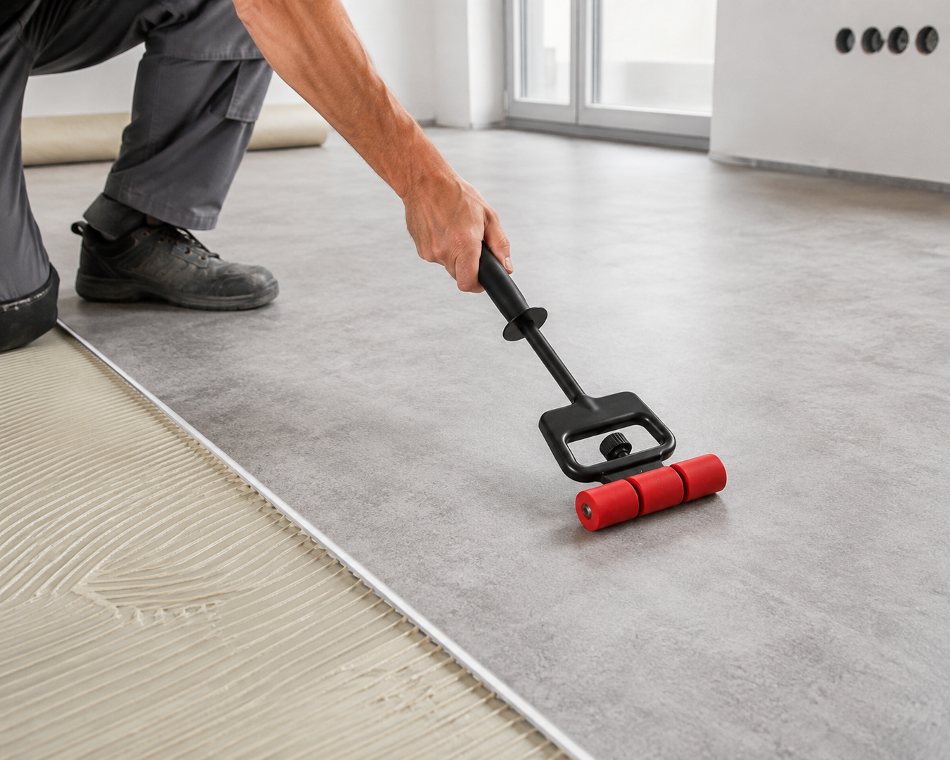Handwerker beim Andrücken eines frisch verklebten Bodenbelags mit ausziehbarem Handroller und roten Andruckwalzen.