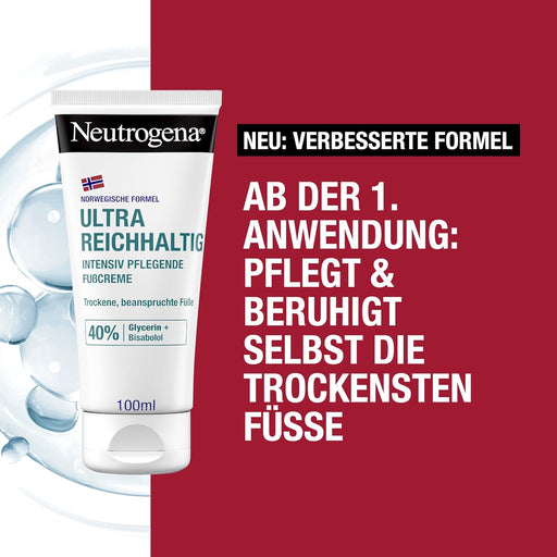 Neutrogena Ultra Reichhaltige Fußcreme, Nicht Fettende Fußpflege Creme Mit 40Prozent Glycerin + Bisabolol, Schnell Einziehende Feuchtigkeitscreme Für Trockene Und Beanspruchte Füße 100 Ml