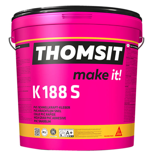 Eimer Thomsit K 188 S PVC-Schnellkraftkleber, emissionsarmer Nassbett-Dispersionsklebstoff zur Verklebung von PVC-, CV- und Vinyl-Bodenbelägen.