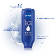 NIVEA In-Dusch Body Milk (400 Ml), Körpercreme Mit Mandel-Öl Und Wasseraktivierter 5In1 Pflege Formel, Feuchtigkeitsspendende Body Lotion Für Die Dusche