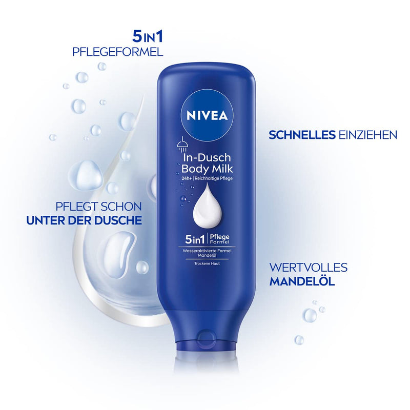NIVEA In-Dusch Body Milk (400 Ml), Körpercreme Mit Mandel-Öl Und Wasseraktivierter 5In1 Pflege Formel, Feuchtigkeitsspendende Body Lotion Für Die Dusche